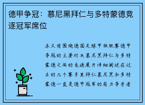 德甲争冠：慕尼黑拜仁与多特蒙德竞逐冠军席位