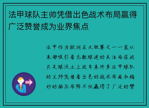 法甲球队主帅凭借出色战术布局赢得广泛赞誉成为业界焦点